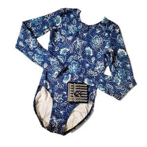 GK Elite VTG 1992 Blue Paisley Floral LS Cotton Leotard Bodysuit AXS Adult XS